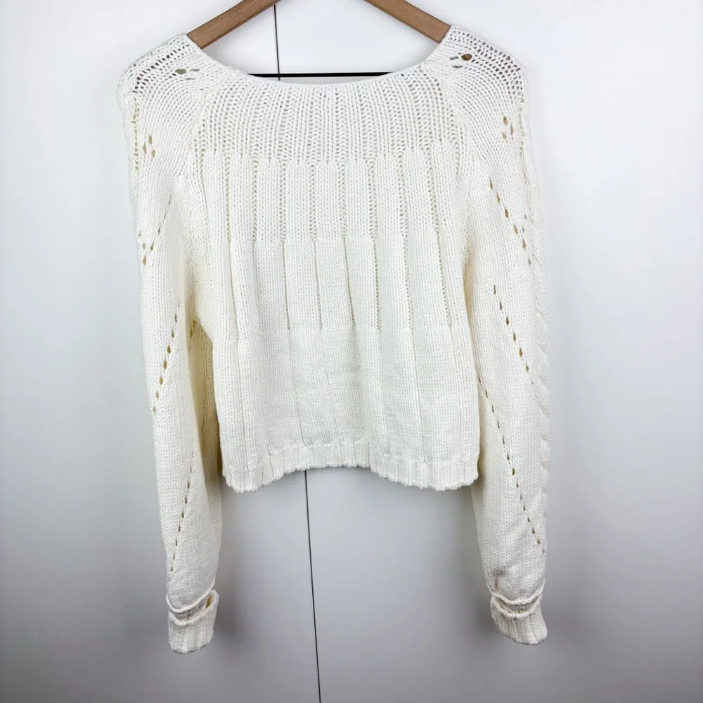 Free People Sandre Pullover Sweater White Cable Knit Crop Cotton Blend Medium - Picture 6 of 7